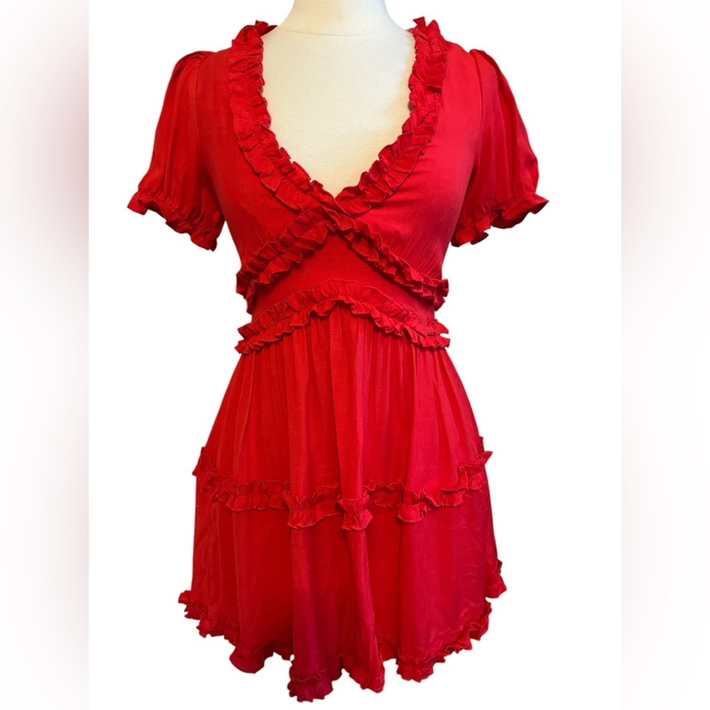 Trixxi Red A-Line Mini, fit & flare dress w/short sleeves & ruffle detail Size M
